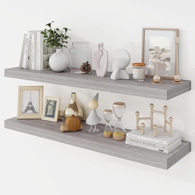 Acovy 36 Inch Floating Shelves, 9.3" Deep Floating Shelf Wall Mounted, 36" Wall Shelves, Rustic Deep Bookshelf, Large Display Shelves & Storage Shelves for Bedroom, Living Room, Gray, Set of 2