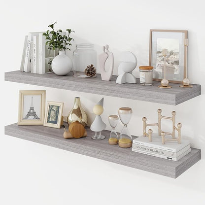 Acovy 36 Inch Floating Shelves, 9.3" Deep Floating Shelf Wall Mounted, 36" Wall Shelves, Rustic Deep Bookshelf, Large Display Shelves & Storage Shelves for Bedroom, Living Room, Gray, Set of 2