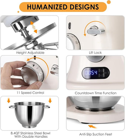 8.4QT Commercial Stand Mixer 800W with Aluminum Die Casting Meets the Standard of NSF/ANSI 8-2023, Mixers Kitchen Electric Stand Mixer with Stainless Steel 8L Bowl, Dough Hook, Whisk and Beater