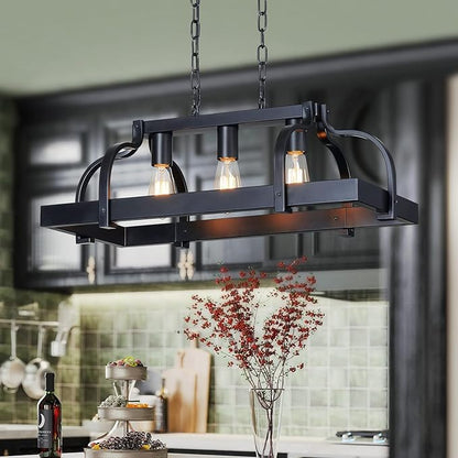 WUZUPS 3-Light Metal Pot Hanging Rack Chandelier Linear Pendant Ceiling Lighting Rustic Farmhouse Fixture Kitchen Island Dining Room, H 9.8" L 24.8" W11.8, E26 Base, Black