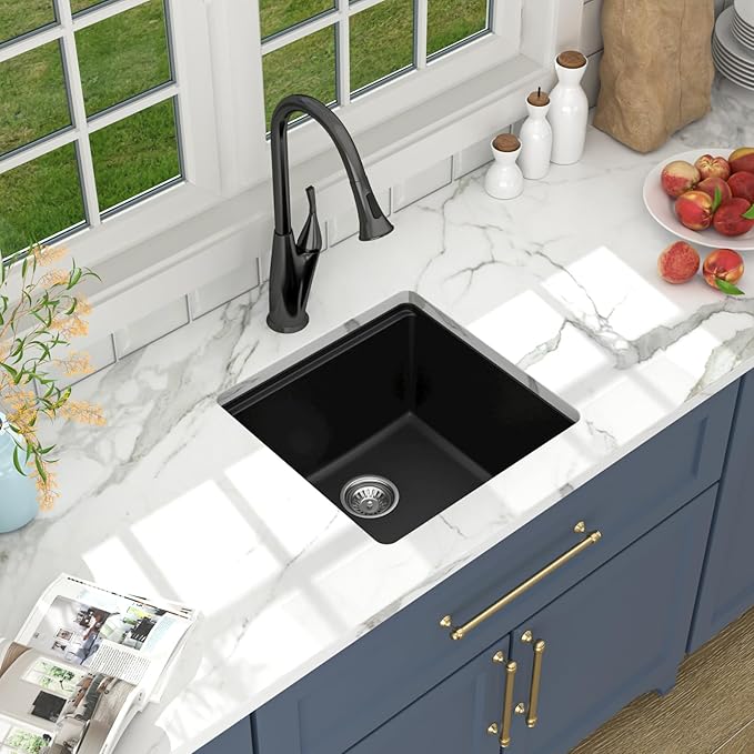 Lordear 18 Inch Undermount Granite Composite Bar Sink 18"x18" Composite Quartz Kitchen Sinks Black Single Bowl Under Counter Ledge Workstation Bar Prep RV Sink Basin