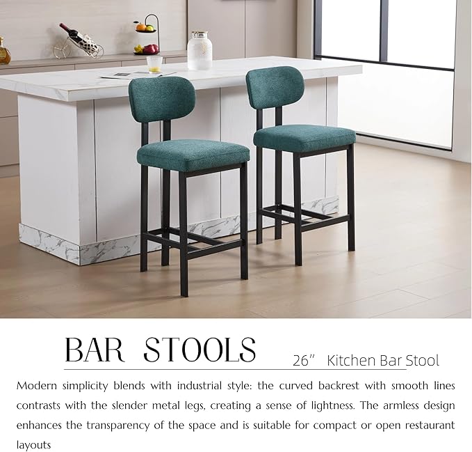 Modern Dining Chairs Set of 2, 26 inch Upholstered Fabric Counter Height Barstools with Sturdy Metal Legs, Stylish Simple Natural Kitchen Island Chairs for Versatile Use,AntiqueGreen-Fabric-