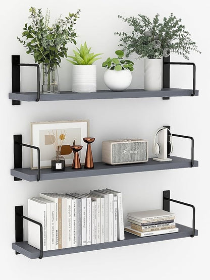 Floating Shelves - 24 Inch Wall Mounted Set of 3, Rustic Wood Storage Shelves for Living Room (Grey)