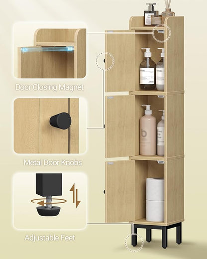 Hzuaneri Slim Bathroom Storage Cabinet, Narrow Bathroom Organizers and Storage with 4 Adjustable Feet, Laundry Room Organization for Small Space, Kitchen, Living Room, 3 Doors Rattan Yellow BC22302Y