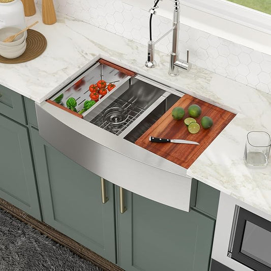 Logmey 33 Inch Farmhouse Sink Double Bowl 50/50 Sink 33x21 Inch Stainless Steel Apron Front Kitchen Sink Ledge Workstation Low Divide Double Bowl 50/50 16 Gauge Farm Kitchen Sinks