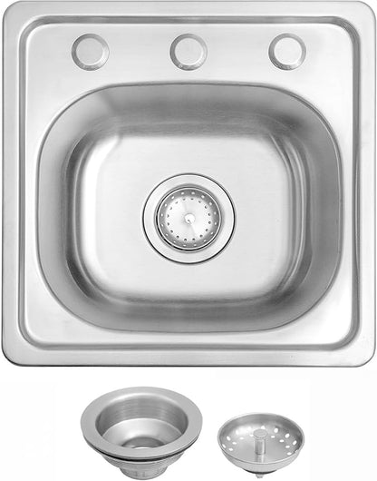 MILOSEN 15 x 15 inch Drop in Bar Sink, T304 Stainless Steel RV Kitchen Sinks, 8'' Deep Outdoor Single Bowl Wet Bar&Prep Small Topmount RV Sinks with Strainer, Brushed Nickel