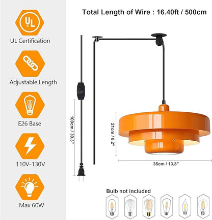 FCTWAKS Plug in Pendant Light, Mid Century Orange Hanging Lights with Plug in Cord, 3-Layer Metal Shade, Adjustable Pulley, Dimmable, Vintage Hanging Lamp for Bedroom, Kitchen Island, Dining Room