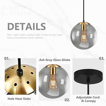 KoKo&Yukina 10 Inch Pendant Light Glod Globe Pendant Lights Kitchen Island Mid Century Light Fixture Adjustable Globe Pendants Lights with Grey Glass Shade for Dining Room Living Room