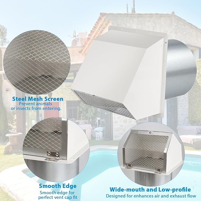 8 Inch Hooded Wall Vent with Screen and Damper,Outdoor Wall Exhaust Vent Cover Cap for Range Hood Kitchen HVAC Duct Dryer Ventilation and Outside Air Exhaust,Galvanized Steel Wall Mount Exhaust Vent