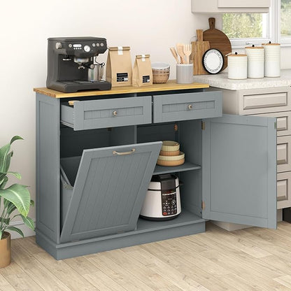 Giantex Tilt Out Trash Cabinet 15.5 Gallon, Wooden Laundry Room Cabinet, 2 Drawers, Storage Cabinet, Recycling Trash Cabinet, Kitchen Island with Garbage Can Holder, 39.5" x 14" x 35.5", Gray