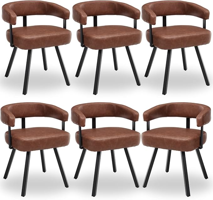 Modern Barrel Dining Chairs Set of 6, Brown PU Leather Upholstered Dining Room Chairs with Arms, Comfy Kitchen Chairs with Black Metal Legs for Dinner Living Room