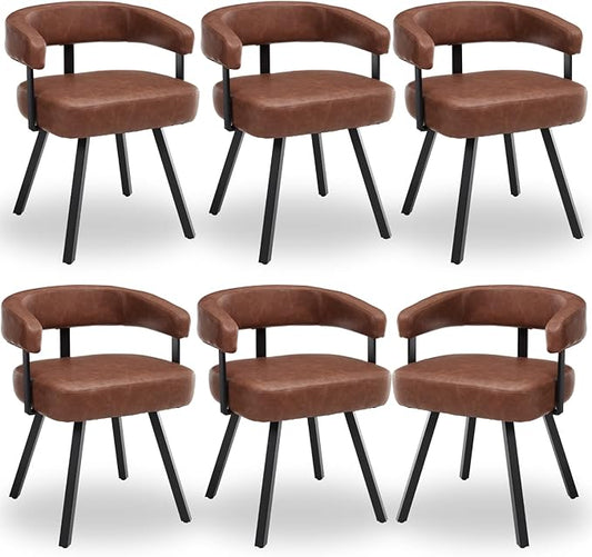 Modern Barrel Dining Chairs Set of 6, Brown PU Leather Upholstered Dining Room Chairs with Arms, Comfy Kitchen Chairs with Black Metal Legs for Dinner Living Room