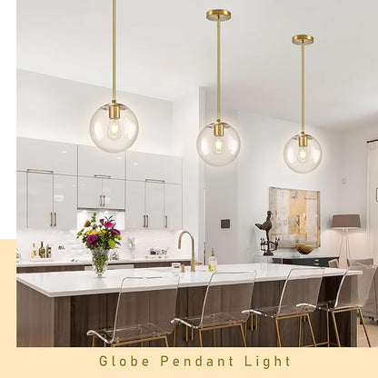 Bagood 10" Globe Pendant Light Gold 2 Pack Mid Century Pendant Light Globe Pendant Lights Kitchen Island Brushed Brass Finished with Clear Glass Adjustable Ceiling Light Fixtures for Dining Room Bar