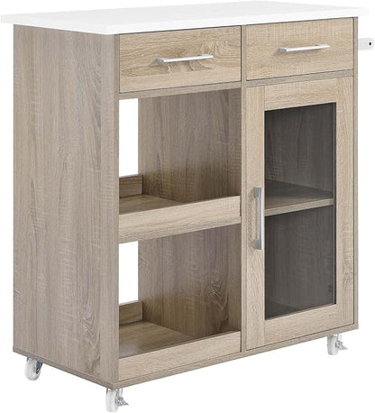 Modway Culinary Rolling Kitchen Cart with Storage in Oak White - 3 Tiers Kitchen Island on Wheels with Towel Bar, Functional as a Coffee Station, Bar Cabinet or Butcher Block Island