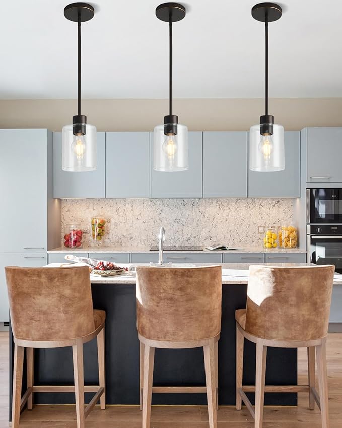 Brown and Gold Pendant Lights Kitchen Island - Clear Glass Pendant Light Fixture Multiple Stems Rods 3 Units 12 Inch 3 Units 4 Inch (1 Pack Brown and Gold Downrod)