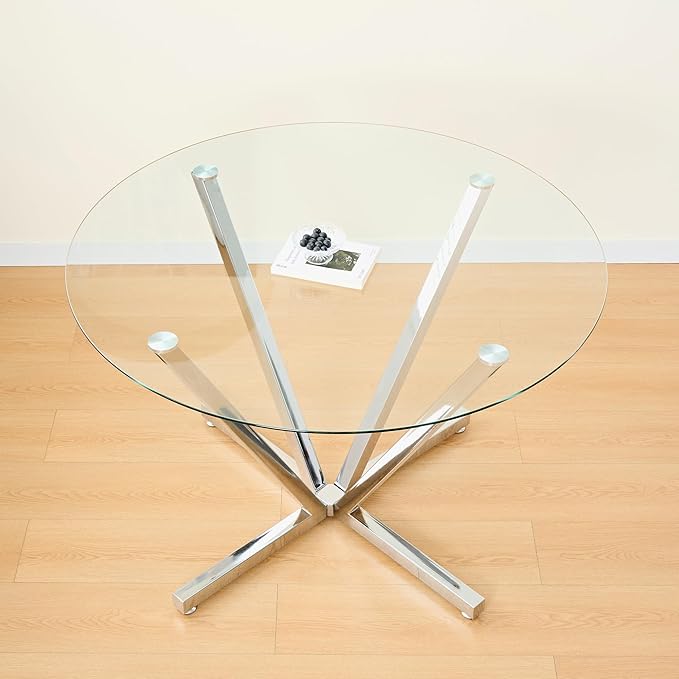 Round Dining Table for 4 6 People, 45.3" Modern Glass Kitchen Table, Circle Silver Dinner Table with 0.32" Thick Tempered Glass Top and Metal Legs, Glass Dining Room Furniture for Kitchen Living Room