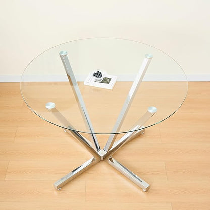 Round Dining Table for 4 6 People, 45.3" Modern Glass Kitchen Table, Circle Silver Dinner Table with 0.32" Thick Tempered Glass Top and Metal Legs, Glass Dining Room Furniture for Kitchen Living Room