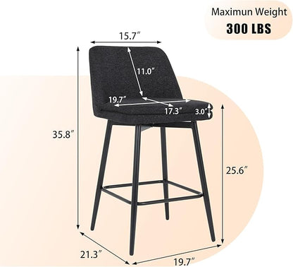 Counter Height Swivel Bar Stools Set of 2, 360° Swivel Upholstered Barstools with Back and Metal Legs, 25.6" Seat Height,Counter Stools for Kitchen Island and Pub,Linen Cloth,for Living Room
