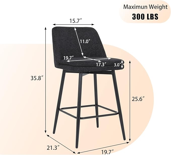 Counter Height Swivel Bar Stools Set of 2, 360° Swivel Upholstered Barstools with Back and Metal Legs, 25.6" Seat Height,Counter Stools for Kitchen Island and Pub,Linen Cloth