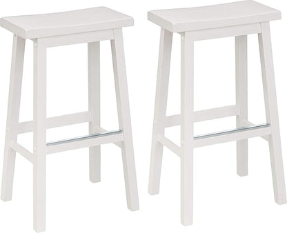 Amazon Basics Solid Wood Saddle-Seat Counter Height Bar Stools for Kitchen Island and Home Bar with Footrest, 29-Inch Height, White, Set of 2