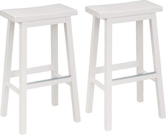 Amazon Basics Solid Wood Saddle-Seat Counter Height Bar Stools for Kitchen Island and Home Bar with Footrest, 29-Inch Height, White, Set of 2