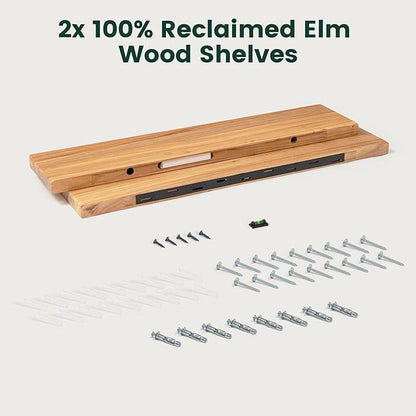 36 Inch Flat Edge Floating Shelves, 8 Inch Deep Solid Elm Wood Wall Shelf, Heavy-Duty Wall Mounted Shelf with Invisible Brackets for Living Room, Bathroom, Kitchen, Set of 2, Natural Color