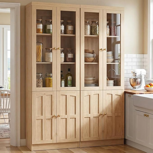 Cyclysio Kitchen Pantry Cabinet, 80" Wood Pantry Storage Cabinet with Doors and Adjustable Shelves, Kitchen Cabinet with Thickened Top Panel, Tall Cabinet for Livingroom, Pantry, Bathroom (2, Natural)