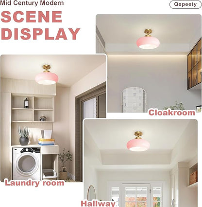 Mid Century Modern Flush Mount Ceiling Light Vintage Pink Close to Ceiling Light Fixtures Overhead Light Gold Glass Chandelier for Kids Room Hallway Living Room Kitchen