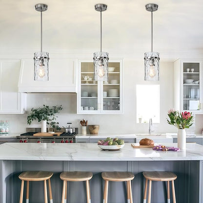 5.5" Brush Nickel Hammered Glass Pendant Light Fixtures, Brushed Nickel Pendant Lights Kitchen Island, Modern Kitchen Island Light Dining Room Light Farmhouse Island Lights Sink 2 Pack