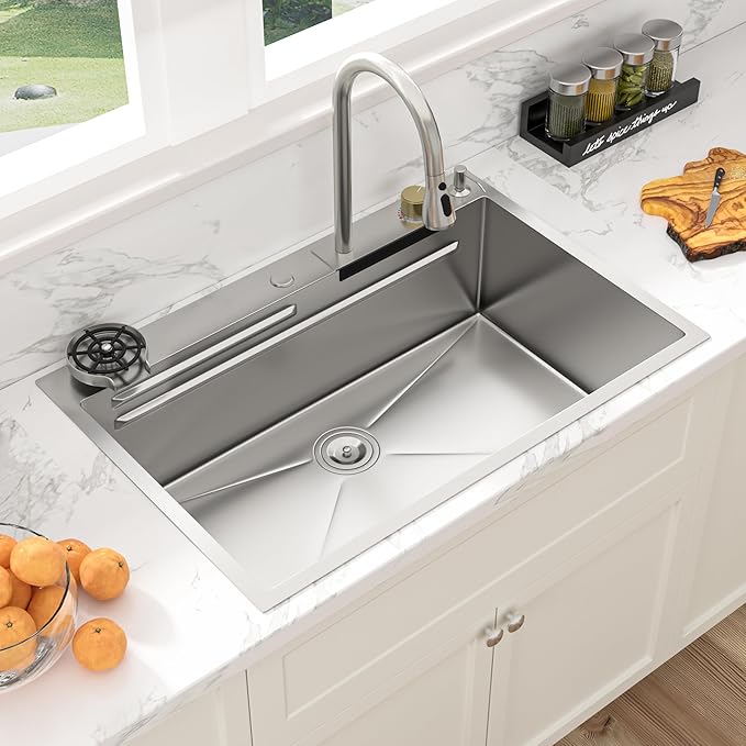 Sarlai 30 Inch Waterfall Kitchen Sink Drop In - 30x22 Waterfall Drop Workstation Stainless Steel 16 Gauge Multifunction Single Bowl Smart Top Mount Kitchen Sink with Faucet Combo