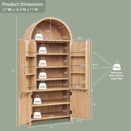 IFBUY 71" Tall Arched Bathroom Storage Cabinet, Modern Fluted Storage Cabinet w/Doors, 3 Adjustable Shelves, 6 Door Shelves, Wood Freestanding Cabinet for Bathroom, Entryway, Hallway, Natural