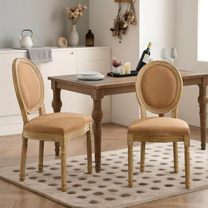 SoarFlash French Dining Chairs Set of 2, Vantage Linen Dining Chair with Round Back, Wood Leg Farmhouse Country Dining Chair for Living Room,Kitchen,Bedroom,Brown