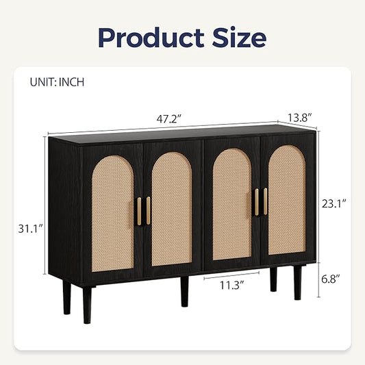 4-Door Rattan Sideboard Buffet Cabinet, 47" Large Storage Cabinet with Shleves, Wood Modern Accent Credenza Kitchen Table for Dining Room, Living Room & Entryway, Black & Natural