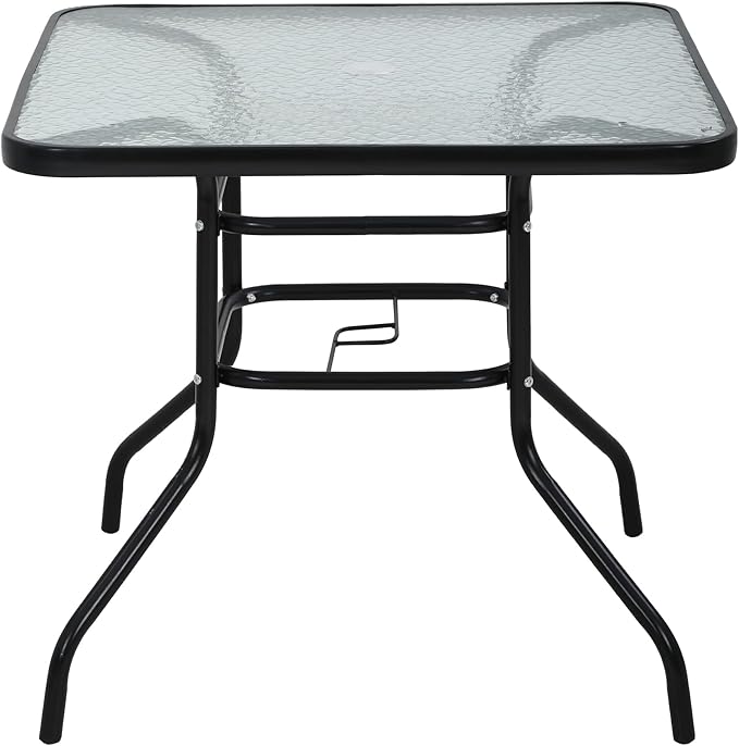 MKDLUFEI Square Outdoor Table, Patio Table with Umbrella Hole Tempered Glass Metal Table Outdoor Dining Table Garden for Deck, Yard, Balcony, Pool (Square)
