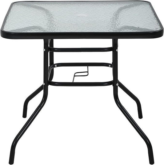 MKDLUFEI Square Outdoor Table, Patio Table with Umbrella Hole Tempered Glass Metal Table Outdoor Dining Table Garden for Deck, Yard, Balcony, Pool (Square)