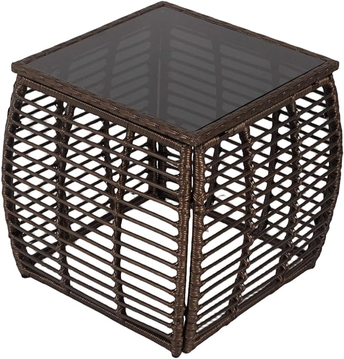 Kinfant Square Outdoor Wicker Side Table – Patio End Table with Tempered Glass Top, All-Weather Rattan Coffee Table for Balcony, Porch, Deck, Garden, Black Gold