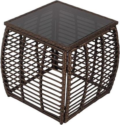 Kinfant Square Outdoor Wicker Side Table – Patio End Table with Tempered Glass Top, All-Weather Rattan Coffee Table for Balcony, Porch, Deck, Garden, Black Gold