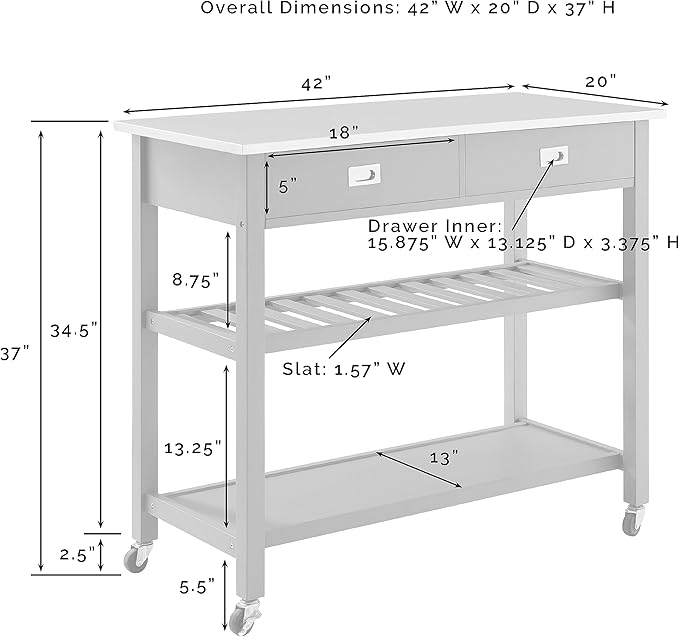 Crosley Furniture Chloe Stainless Steel Top Rolling Kitchen Island Storage Cart, Microwave Stand, Wine Rack, White