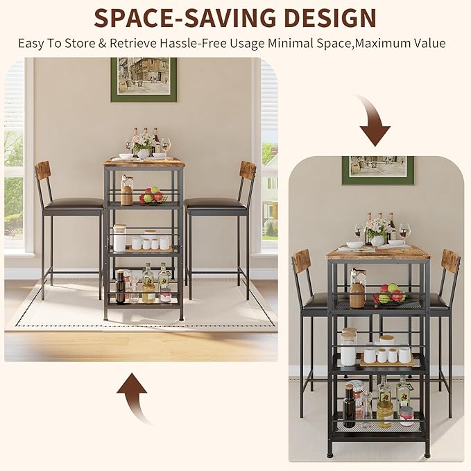 3-Piece Modern Dining Set, Dining Table Set with 2 Upholstered Bar Stools,Bar Table Set w/ Metal Frame&Built-in Wine Rack for Kitchen Dining Room Apartment Breakfast Nook 36"Lx 16.7"W x 37.2"H Retro