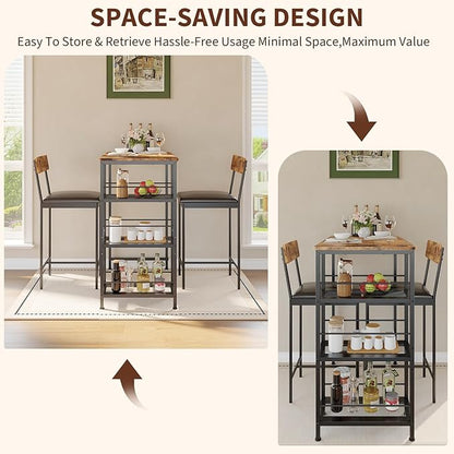 3-Piece Modern Dining Set, Dining Table Set with 2 Upholstered Bar Stools,Bar Table Set w/ Metal Frame&Built-in Wine Rack for Kitchen Dining Room Apartment Breakfast Nook 36"Lx 16.7"W x 37.2"H Retro