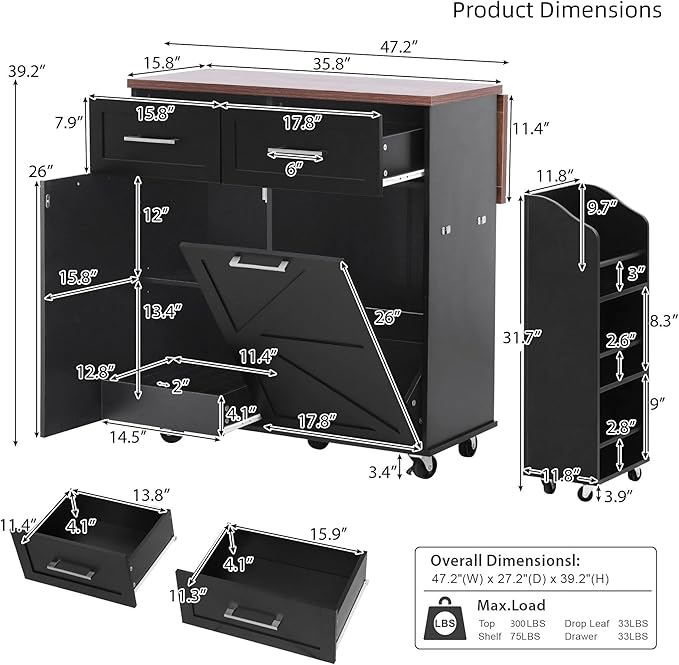 47.2" Kitchen Island with Drop Leaf, Portable Kitchen Cart with Trash Storage Cabinet & Removable Side Racks, 2 Drawers, Rolling Island Table on Wheels with Towel Rack, Black