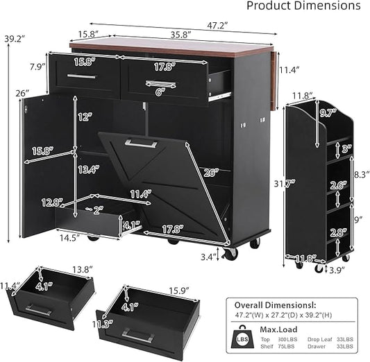 47.2" Kitchen Island with Drop Leaf, Portable Kitchen Cart with Trash Storage Cabinet & Removable Side Racks, 2 Drawers, Rolling Island Table on Wheels with Towel Rack, Black