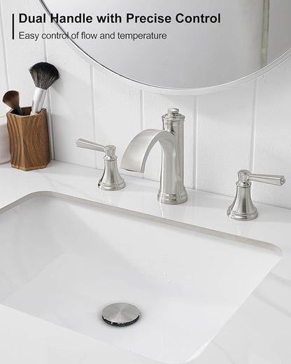 Brass Waterfall Bathroom Faucets, Brushed Nickel Bathroom Faucet 4-16 Inch, 2 Handle Widespread Bathroom Sink Faucet 3 Hole with Pop Up Drain and Supply Lines