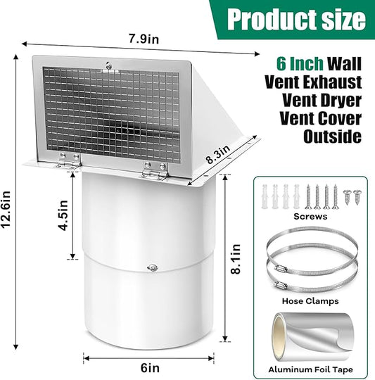 6 Inch Hooded Wall Vent Cover with Screen and Damper Galvanized Steel for Kitchen Range Hood Dryer Bathroom Exhaust, White