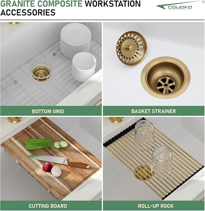 30 Inch White Undermount Kitchen Sink Workstation - Couoko White Granite Composite Undermount Kitchen Sinks Quartz Classic Under Counter Single Bowl Sinks Basin with Luxury Accessories, 30"x19"x10"