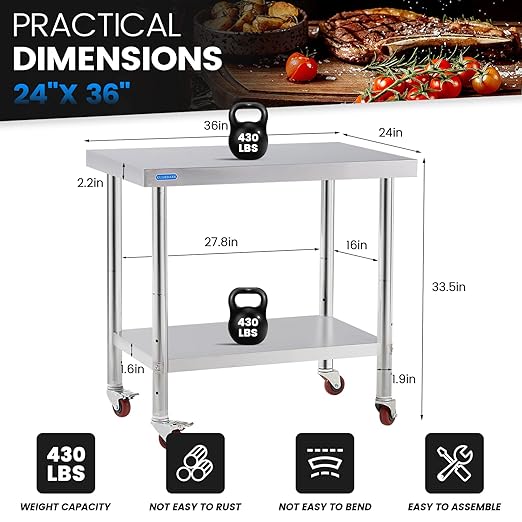 KUARBARR Stainless Steel Table for Prep & Work with 4 Caster Wheels with Undershelf 24 x 36 NSF Metal Commercial Kitchen Adjustable Undershelf Worktable for Restaurant Home Outdoor