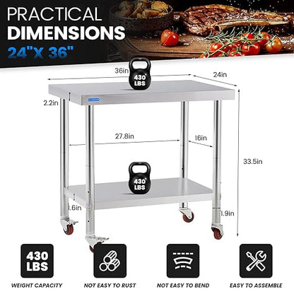 KUARBARR Stainless Steel Table for Prep & Work with 4 Caster Wheels with Undershelf 24 x 36 NSF Metal Commercial Kitchen Adjustable Undershelf Worktable for Restaurant Home Outdoor
