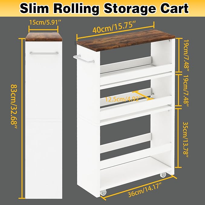 IBUYKE Slim Storage Cart, 4-Tier Skinny Rolling Cart, 5.9" Narrow Utility Trolley with Handle & Lockable Wheels,Thin Shelf for Kitchen, Laundry Room, Bathroom, Small Spaces,Space-Saving WST005W