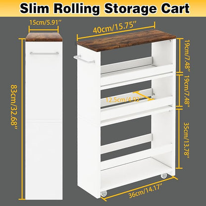 IBUYKE Slim Storage Cart, 4-Tier Skinny Rolling Cart, 5.9" Narrow Utility Trolley with Handle & Lockable Wheels,Thin Shelf for Kitchen, Laundry Room, Bathroom, Small Spaces,Space-Saving WST005W