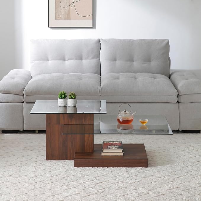 Glass Coffee Table with Storage, 44 Inch Rectangular Coffee Tables for Living Room, 3-Tier Tempered Glass Wooden Center Table Modern Accent Cocktail Table for Home Office (Walnut)
